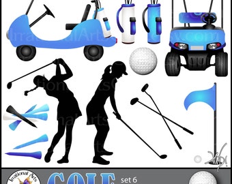 Golf WOMEN graphics BLUE - with 11 PNG digital clipart graphics - Golf carts club ball tees flag bag woman silhouette (Instant Download)