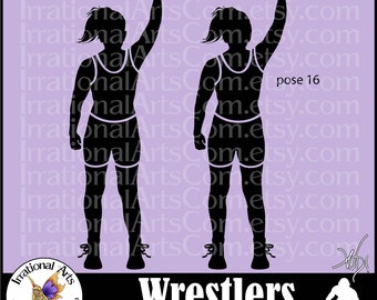 Wrestlers Silhouettes Female Pose 15 and 16 - with 2 EPS & SVG vector files, 2 PNG digital clipart graphic + scl wresting match winner