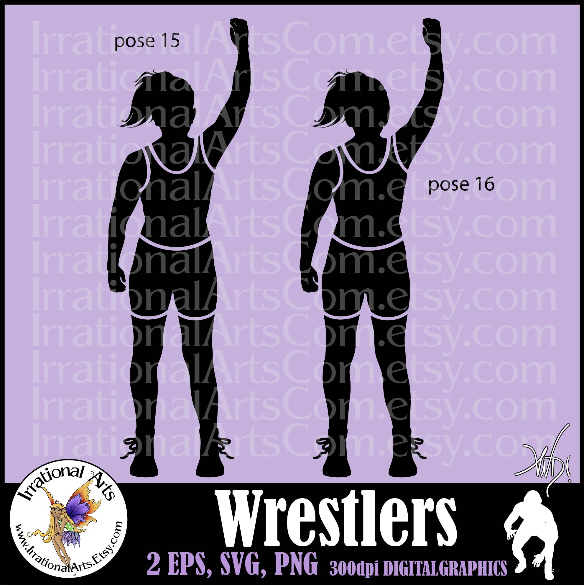 Wrestlers Silhouettes Female Pose 15 and 16 - with 2 EPS & SVG vector files, 2 PNG digital clipart graphic + scl wresting match winner