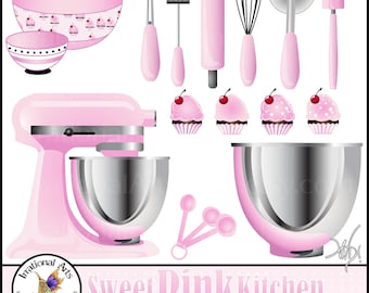 Sweet Pink Kitchen Kitsch - with 16 PNG digital clipart graphics kitchen cupcakes whisk pizza cutter spatula [INSTANT DOWNLOAD]