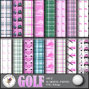 Zestaw GOLF Pink 2 - z 16 plikami JPG papiery cyfrowe - kraty wózki piłki tee flagi różowy i turkusowozielony (natychmiastowe pobranie)
