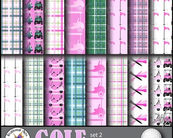 GOLF Pink set 2 - with 16 JPG files digital papers - plaids carts ball tees flags Pink and Teal Green (Instant Download)