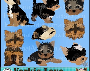 Yorkie Love set 1 INSTANT DOWNLOAD dog digital clipart graphics 8 gorgeous full color 4 Yorkie full body and 4 Yorkies faces tricolor