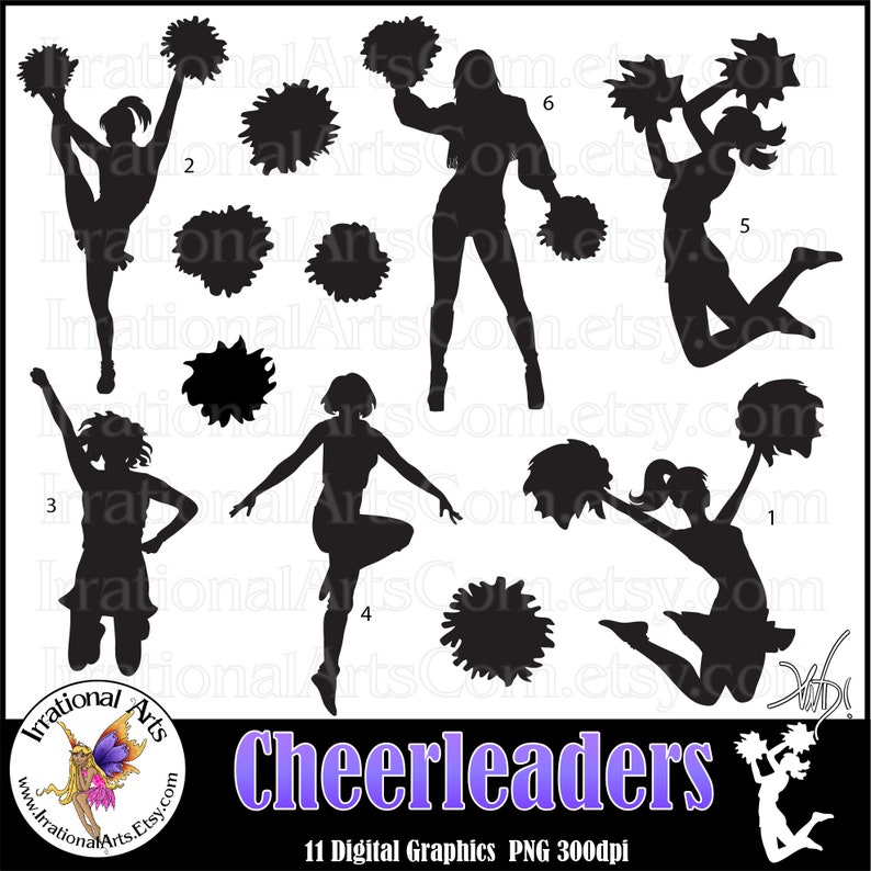 Cheerleader Silhouettes 11 PNG & JPG digital cheerleader clipart graphics Instant Download image 1