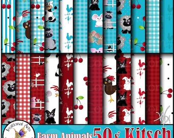 Farm Animals 50s Kitsch - with 24 JPG digital papers red and aqua sheep horse cow chickens mice pig bunny mule dog cat [INSTANT DOWNLOAD]