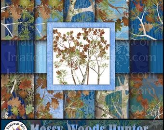 Mossy Wood Hunter Set 13 BLUE - 20 jpg files Digital scrapbooking papers patterns with mossy oak trees & leaf camouflage {Instant Download}