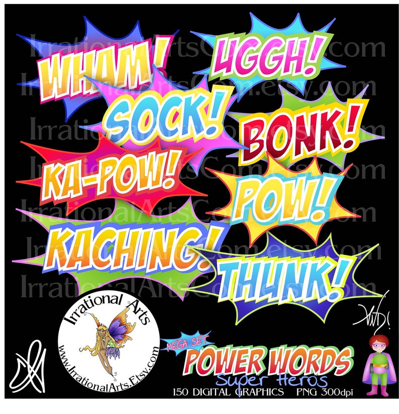 Mega Set Heroes POWER WORDS 150 digital graphics clip art Fighting Words {Instant Download}