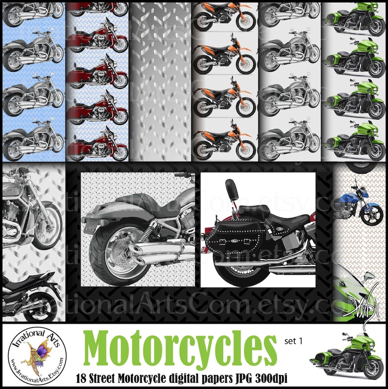 INSTANT DOWNLOAD Street Motorcycles set 1 digital paper motorcycle tire tread sheet metal and 14 FREE papers image 2