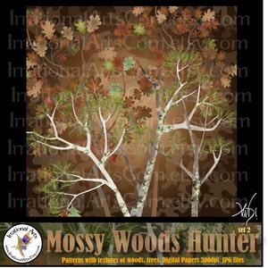 INSTANT DOWNLOAD Mossy Wood Hunter set 2 with 10 jpg files Digital scrapbooking papers Mossy oak trees leaves wood grains camo image 3