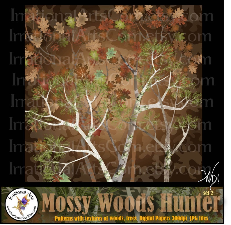 INSTANT DOWNLOAD Mossy Wood Hunter set 2 with 10 jpg files Digital scrapbooking papers Mossy oak trees leaves wood grains camo image 3