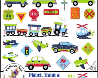 Planes, Trains & Automobiles Oh MY! Set 1 digital graphics - 27 png files - includes vehicles and road signs { Instant Download }