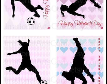 Valentines Day Cards Soccer set 1 GIRLS - for kids class exchange DIY Printing Valentine silhouettes JPG & Pdf {Instant Download}