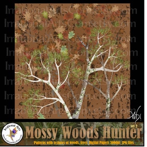 INSTANT DOWNLOAD Mossy Wood Hunter set 2 with 10 jpg files Digital scrapbooking papers Mossy oak trees leaves wood grains camo image 2