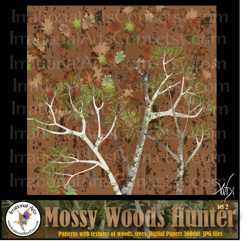 INSTANT DOWNLOAD Mossy Wood Hunter set 2 with 10 jpg files Digital scrapbooking papers Mossy oak trees leaves wood grains camo image 2