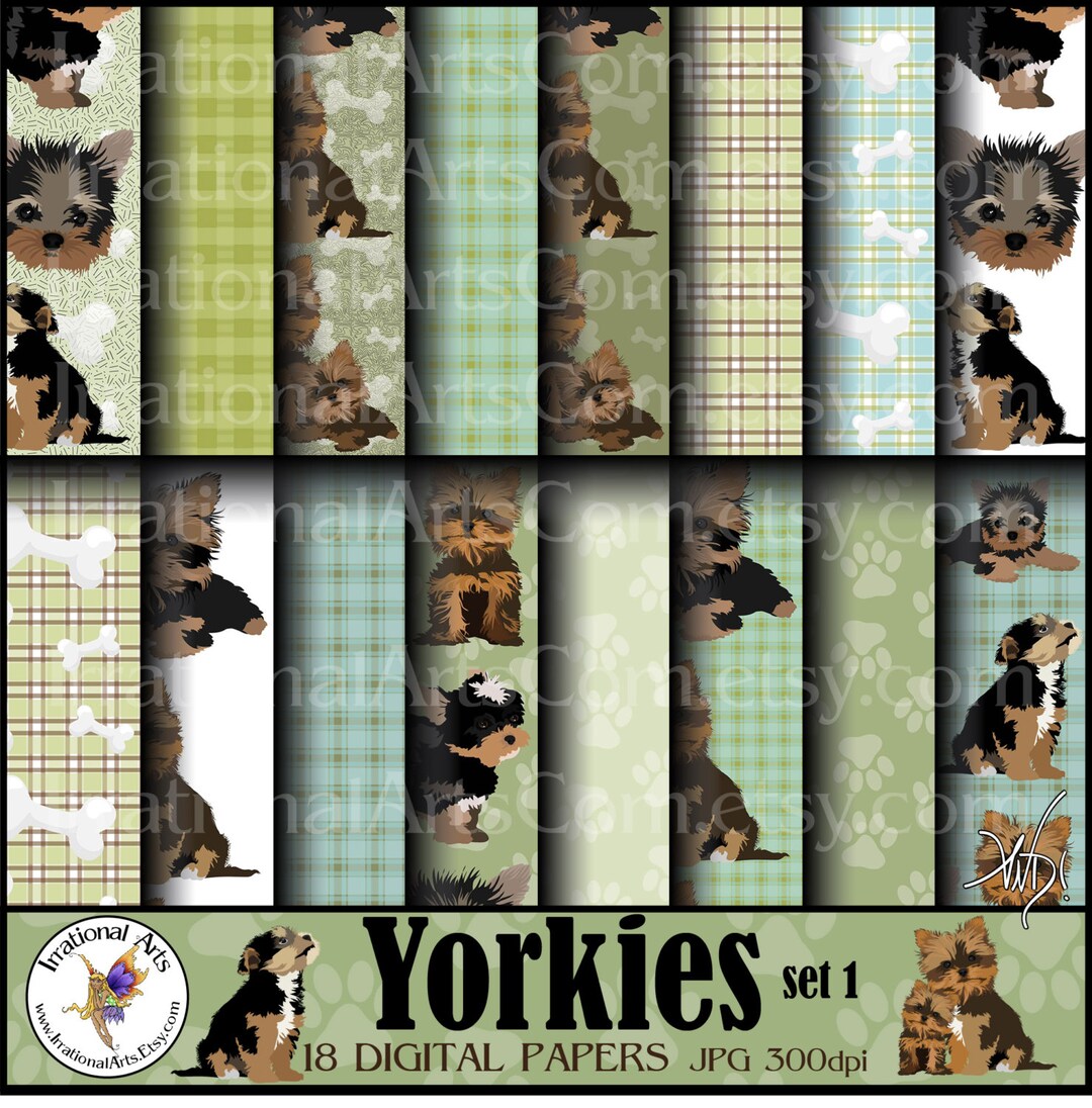 Yorkies Set 1 With 18 JPG Digital Scrapbooking Papers Green Etsy