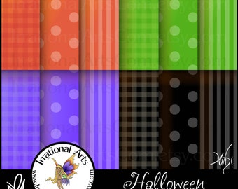 Hallween Modern set 1 INSTANT DOWNLOAD Digital Scrapbooking Papers 12 jpg files Purple Green Orange and Black with dots stripes and gingham