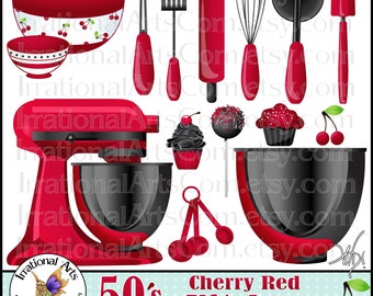 All New! 50's Cherry Red Kitsch Kitchen DARK Digital Clipart Graphics - with 18 PNG digital files, bowl, whisk, rolling pin, Stand Mixer