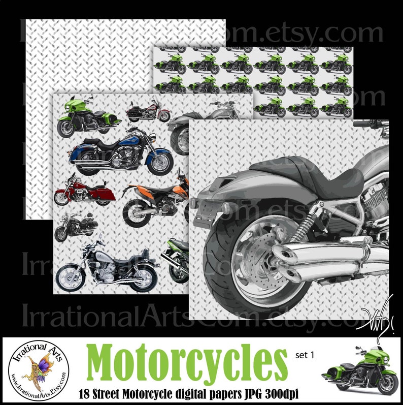 INSTANT DOWNLOAD Street Motorcycles set 1 digital paper motorcycle tire tread sheet metal and 14 FREE papers image 1