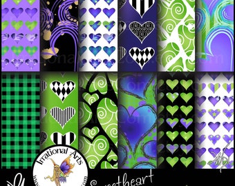 Sweetheart Purple & Green set 1 - with 12 JPG Digital Scrapbooking Paper files  {Instant Download}