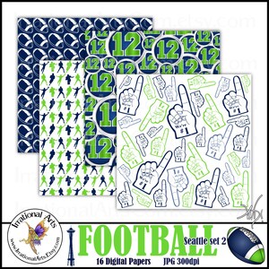 May include: A set of 16 digital papers featuring football-themed designs. The papers include a green and blue football pattern, a green and blue '12' pattern, and a white pattern with green and blue foam fingers that say 'We're #1'.