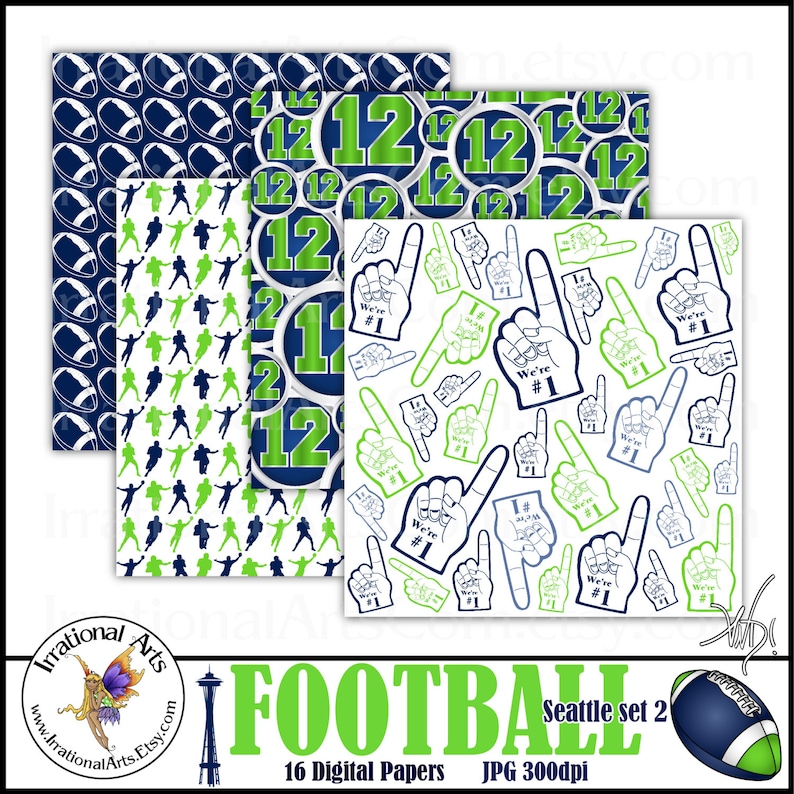 May include: A set of 16 digital papers featuring football-themed designs. The papers include a green and blue football pattern, a green and blue '12' pattern, and a white pattern with green and blue foam fingers that say 'We're #1'.