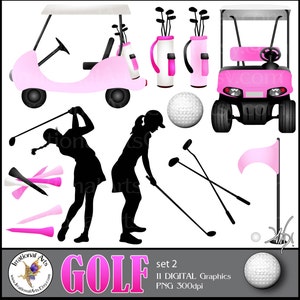 Golf WOMEN digital clip art graphics 11 PNG files PINK Golf carts silhouettes club ball tees flag bag woman golf silhouette Instant Download