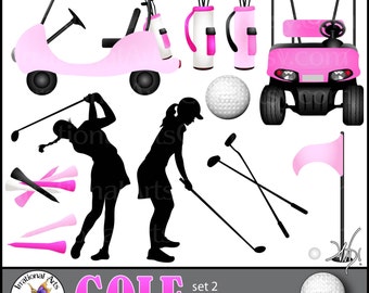 Golf WOMEN digital clip art graphics 11 PNG files PINK Golf carts silhouettes club ball tees flag bag woman golf silhouette Instant Download