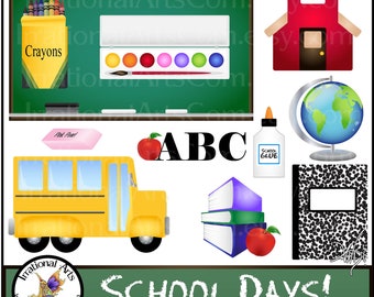 School Days Clip Art Graphics set 1 - PNG digital files school bus books watercolors globe apple crayons pencil chalkboard eraser glue