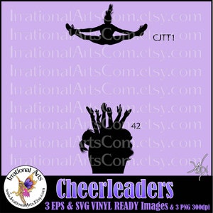 Cheerleader Sillhouettes posa SJTT1 e 41 - com 3 arquivos EPS, SVG e PNG, gráficos de clipart digital de imagem pronta para vinil, equipe de acrobacias de torcida