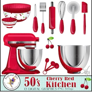 50's Cherry Red Kitsch Kitchen Digital Clipart Graphics - con 13 archivos digitales PNG, tazón, batidor, rodillo, mezclador de soporte, cucharaditas
