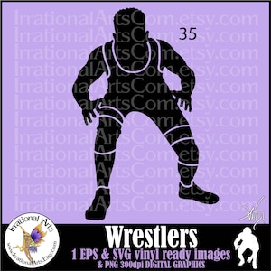 May include: Black and white silhouette of a wrestler in a wrestling stance. The image is labeled "Wrestlers" and includes the text "1 EPS & SVG vinyl ready images & PNG 300dpi DIGITAL GRAPHICS".