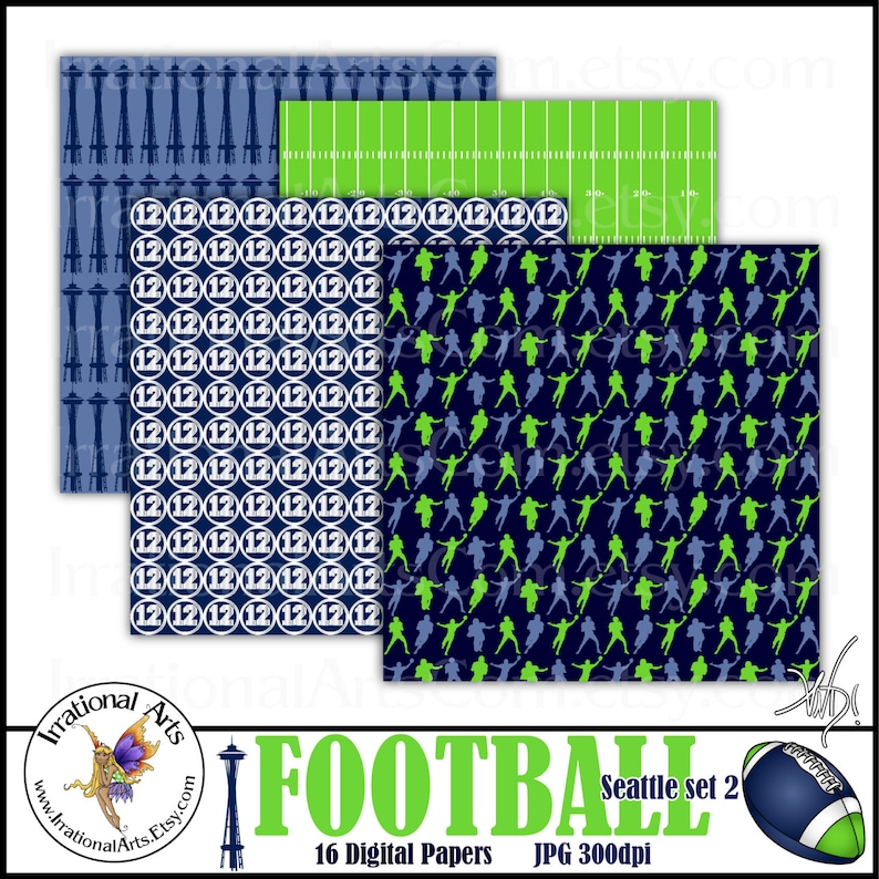 May include: A set of 16 digital papers featuring football-themed designs. The papers include a green and white football field, a blue and white pattern with the number 12, and a blue and green pattern with football players. The text "Seattle set 2" and "FOOTBALL" is included in the image.