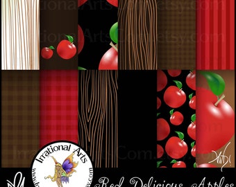 Red Delicious Apples Set 1 - Digital Scrapbooking Papers 12 jpg files Red and Brown Autumn colors [ INSTANT DOWNLOAD ]