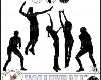 Volleyball Female Silhouettes set 1 - with 8 PNG graphics volleyball players and balls clipart graphics (Instant Download)