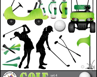Golf WOMEN set 4 GREEN - with 11 PNG digital clipart files Golf cart silhouette club ball tees flag woman golf silhouette (Instant Download)
