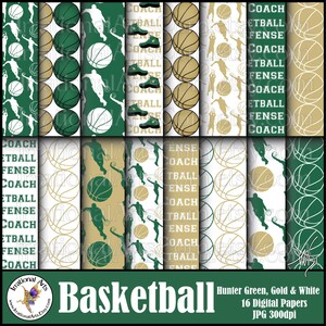 Basketball Hunter Grün, Gold & Weiß digitales Papier - mit 16 JPG-Dateien Spieler Silhouetten Begriffe Wörter Team Foul Verteidigung