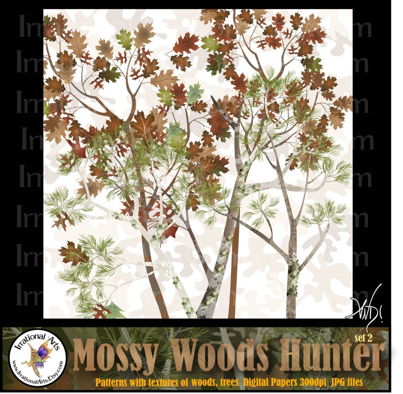 INSTANT DOWNLOAD Mossy Wood Hunter set 2 with 10 jpg files Digital scrapbooking papers Mossy oak trees leaves wood grains camo image 4