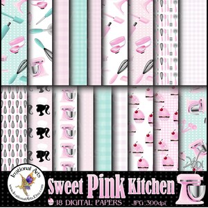 May include: A collection of 18 digital papers with a sweet pink kitchen theme. The papers feature patterns of kitchen tools, cupcakes, polka dots, and gingham in shades of pink, teal, and white. The text "Sweet Pink Kitchen" is displayed in pink.