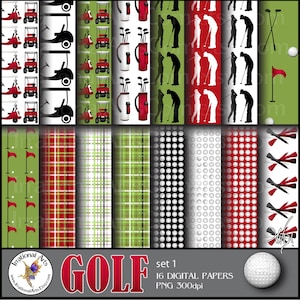 Zestaw papierów GOLF 1 czerwony i zielony - z 16 plikami cyfrowymi JPG - sylwetki wózków golfowych, piłek klubowych, tee, flagi, torby (natychmiastowe pobranie)