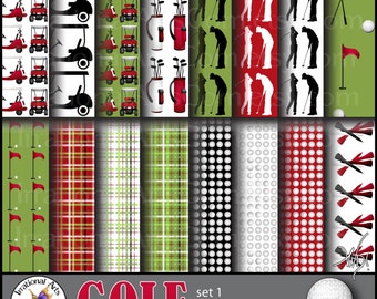 GOLF papers set 1 Red & Green - with 16 JPG digital paper files - golf carts silhouettes club ball tees flag bag (Instant Download)