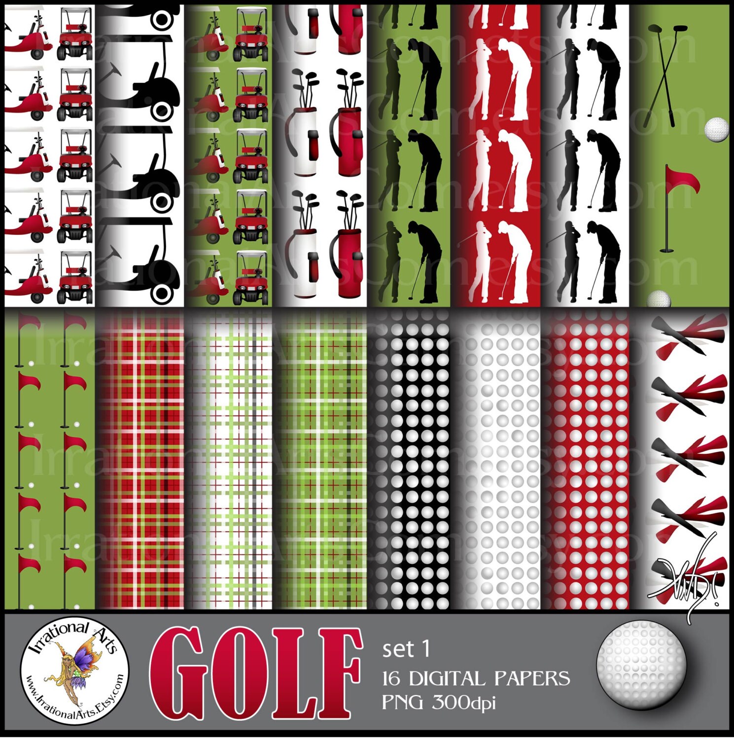 Golf Paper Frame GOLF Papers Set 1 Red & Green - With 16 JPG Digital Paper Files - Golf ...