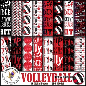 Volleyball Red and Black and White Digital Paper - con 18 archivos jpg de patrones de palabras de voleibol y voleibol . . . . . . . . . . . . . . . . . . . . . . . . . . . . . . . . . . . . . . . . . . . . . . . . . . . . . .