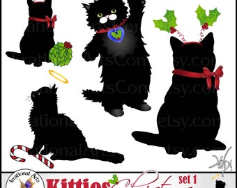 INSTANT DOWNLOAD Kitties Christmas set 1 with 4 digital clipart graphics with adorable Cat Silhouettes and peg tags holly candy cane halo