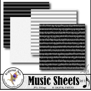 Music Sheets set 1 with 16 digital scrapbooking papers with music notes and sheet music in black and white with greys Instant Download image 5