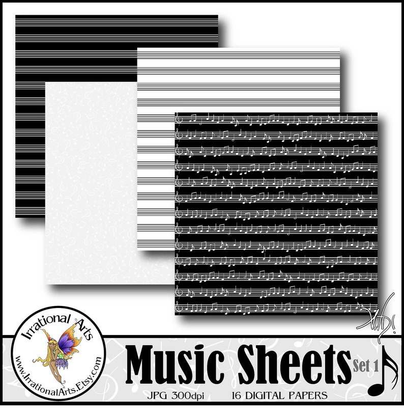 Music Sheets set 1 with 16 digital scrapbooking papers with music notes and sheet music in black and white with greys Instant Download image 5