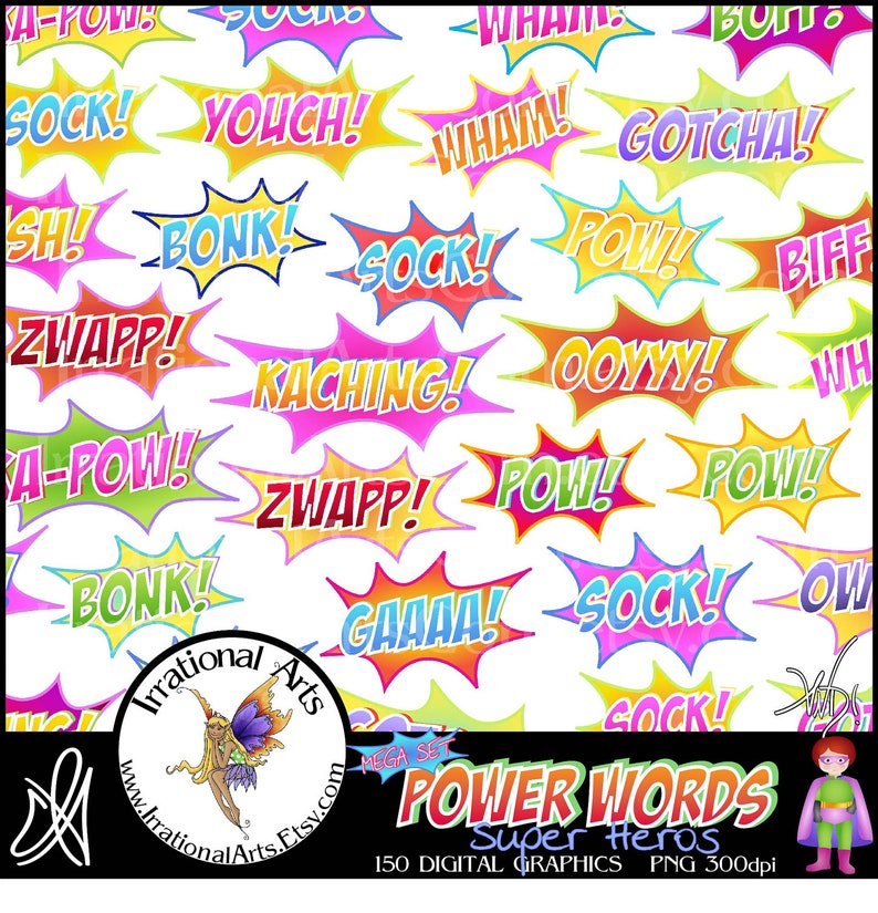 Mega Set Heroes POWER WORDS 150 digital graphics clip art Fighting Words {Instant Download}