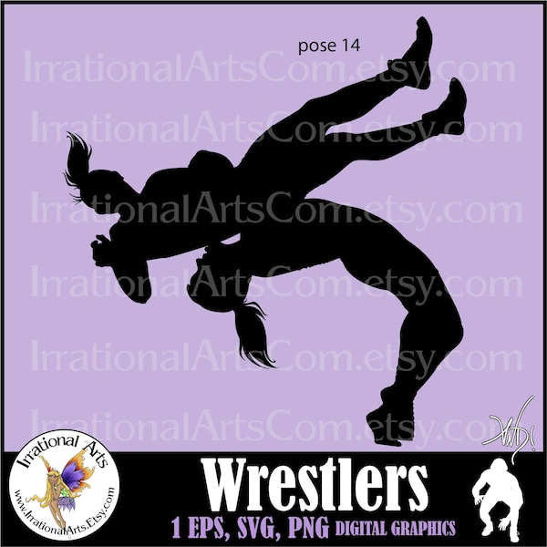 Wrestlers Silhouettes Pose 14 Girls - with 1 Vinyl Ready Image EPS & SVG  and 1 PNG file digital clipart graphic {Instant Download}