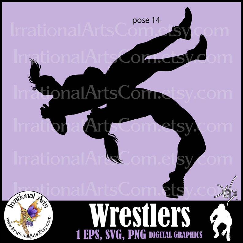Wrestlers Silhouettes Pose 14 Girls with 1 Vinyl Ready Image EPS & SVG and 1 PNG file digital clipart graphic Instant Download image 1