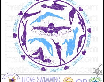 Customized I Love Swimming Circle **or** Heart - with 1 PNG, EPS, SVG graphics - Choose Your Color filled with swimming silhouettes