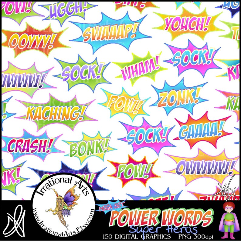 Mega Set Heroes POWER WORDS 150 digital graphics clip art Fighting Words {Instant Download}